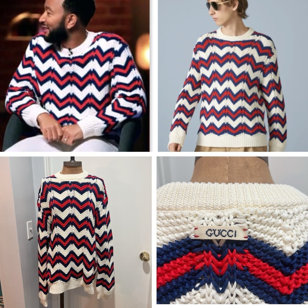 Gucci Webline White Cotton Knit Chevron Sweater Men's Size XL 739960 - New $2800